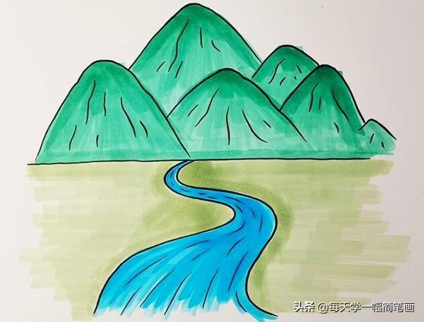 每天学一幅简笔画--高山流水的简笔画画法步骤教程-5.jpg