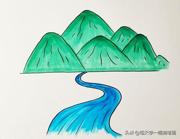 每天学一幅简笔画--高山流水的简笔画画法步骤教程-4.jpg