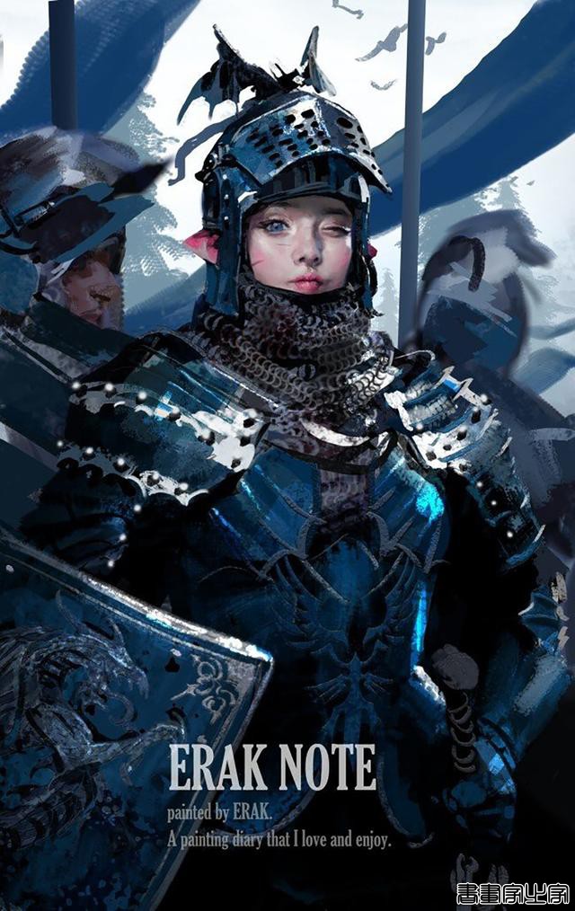 黑暗风浓浓的盔甲少女人物插画，笔触光影等都非常有味道-4.jpg