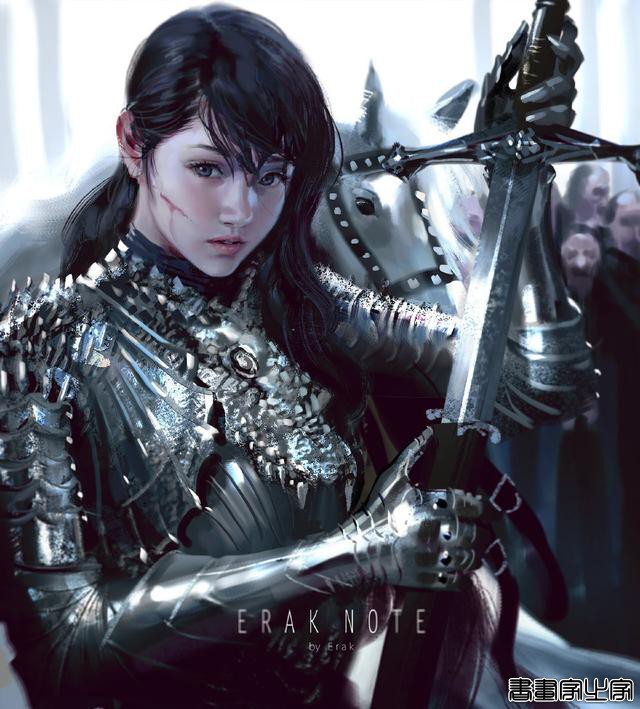 黑暗风浓浓的盔甲少女人物插画，笔触光影等都非常有味道-6.jpg
