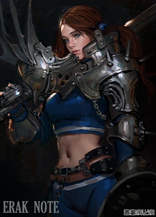 黑暗风浓浓的盔甲少女人物插画，笔触光影等都非常有味道-8.jpg