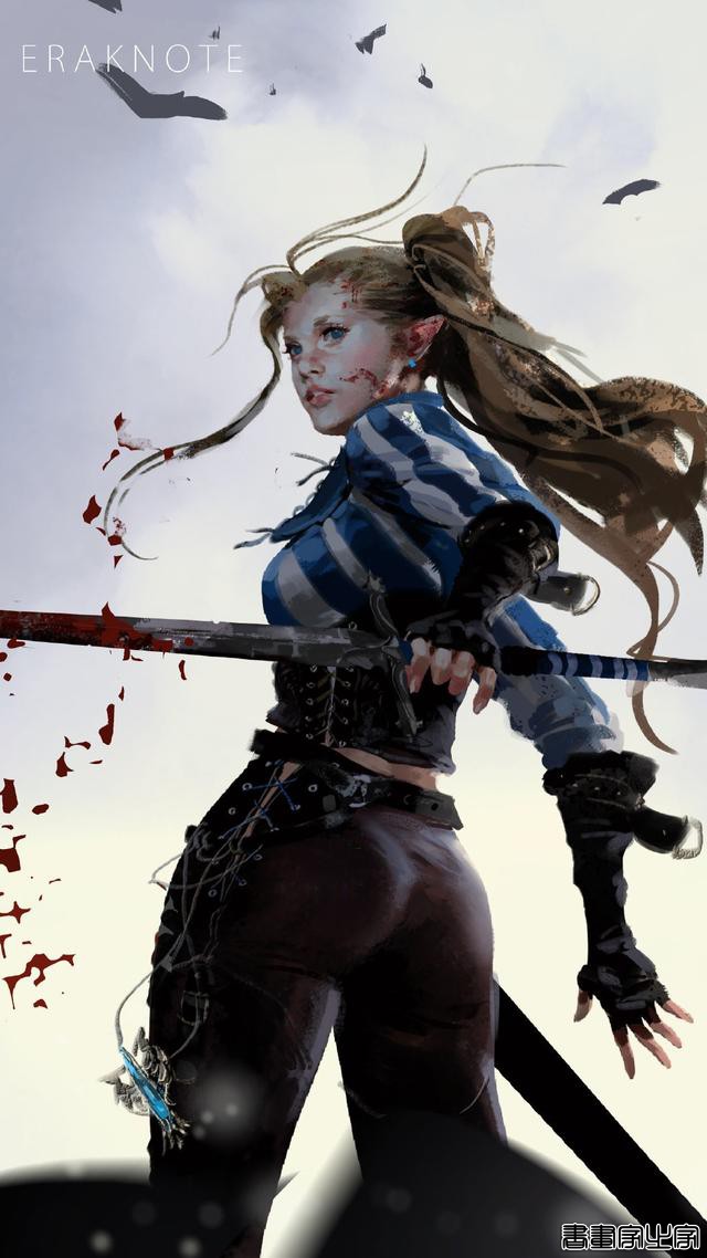 黑暗风浓浓的盔甲少女人物插画，笔触光影等都非常有味道-11.jpg