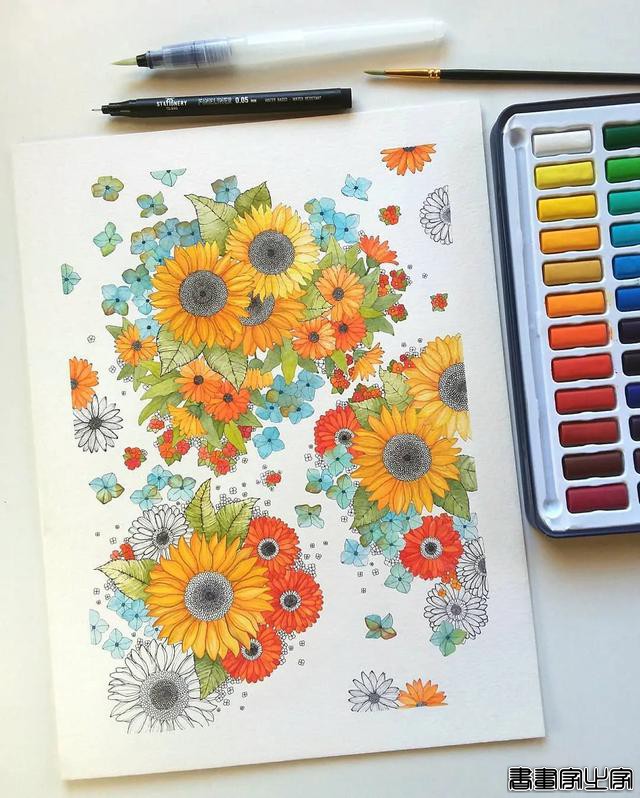 小幅的水彩插画，画中的花卉、树木、房子都是如此的细致-4.jpg