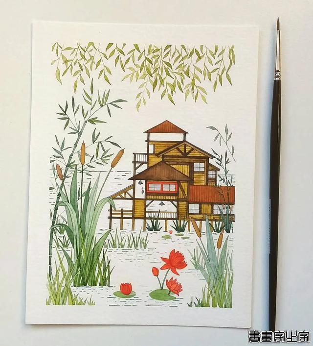 小幅的水彩插画，画中的花卉、树木、房子都是如此的细致-6.jpg