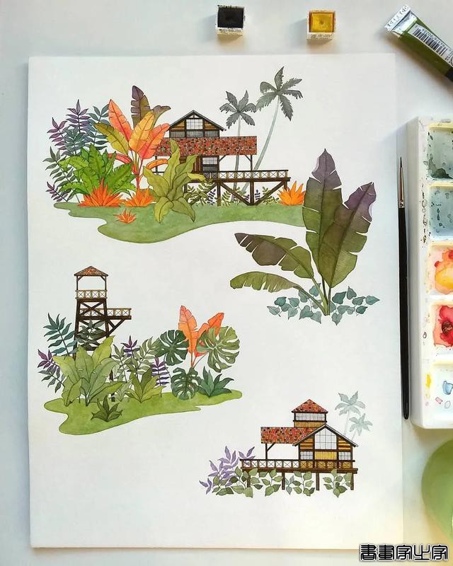 小幅的水彩插画，画中的花卉、树木、房子都是如此的细致-5.jpg