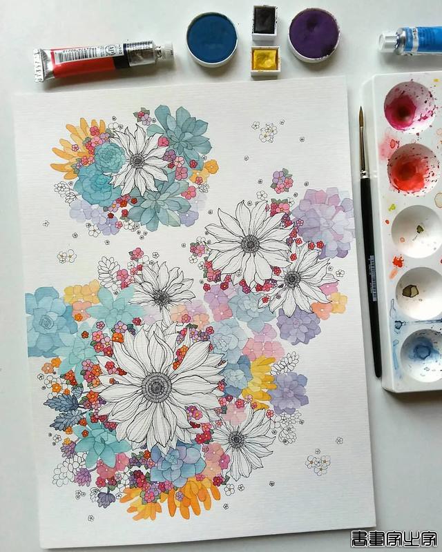 小幅的水彩插画，画中的花卉、树木、房子都是如此的细致-10.jpg