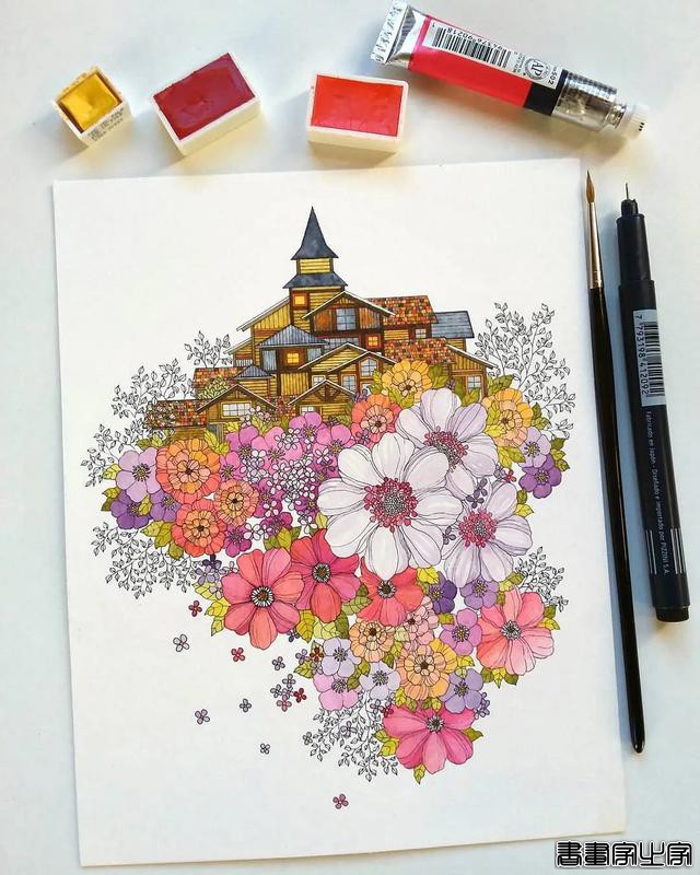 小幅的水彩插画，画中的花卉、树木、房子都是如此的细致-9.jpg