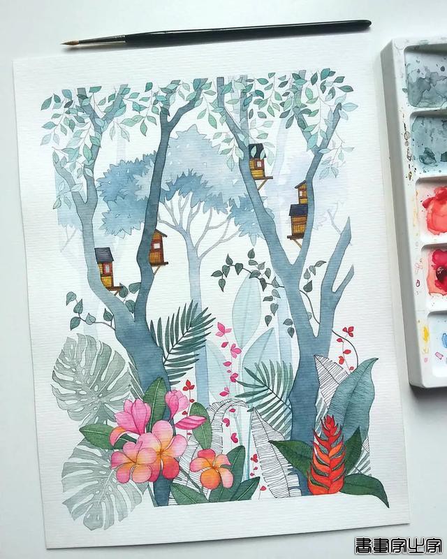 小幅的水彩插画，画中的花卉、树木、房子都是如此的细致-8.jpg