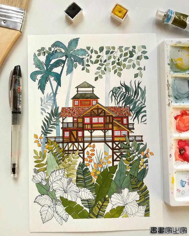 小幅的水彩插画，画中的花卉、树木、房子都是如此的细致-7.jpg