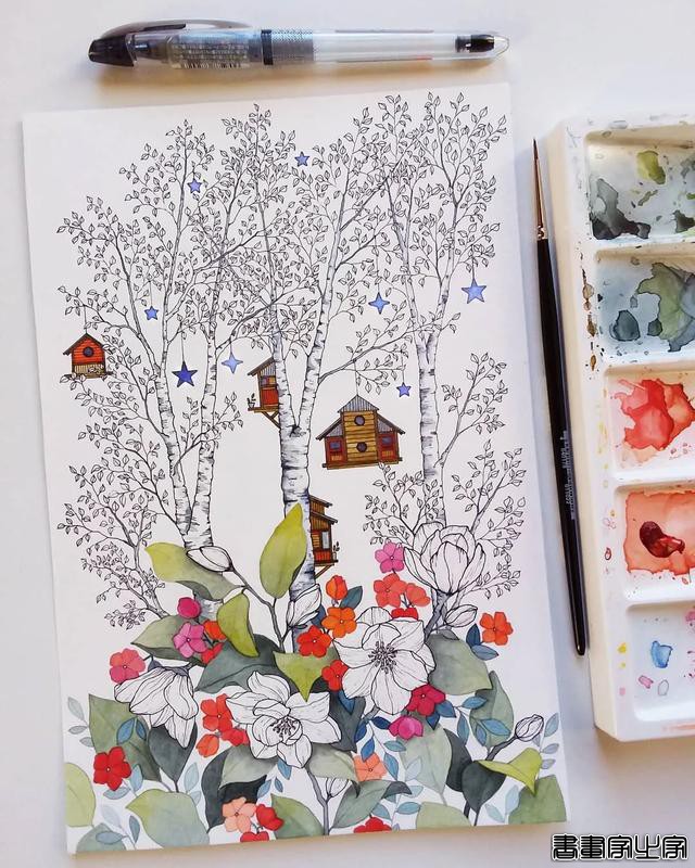 小幅的水彩插画，画中的花卉、树木、房子都是如此的细致-12.jpg