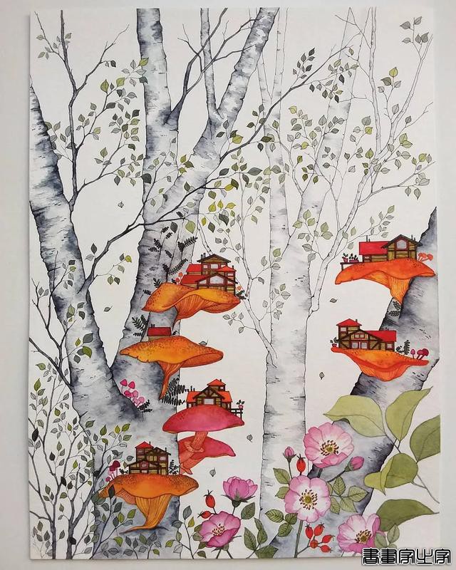 小幅的水彩插画，画中的花卉、树木、房子都是如此的细致-15.jpg