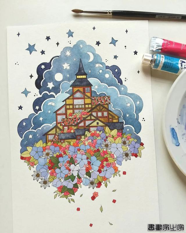 小幅的水彩插画，画中的花卉、树木、房子都是如此的细致-13.jpg