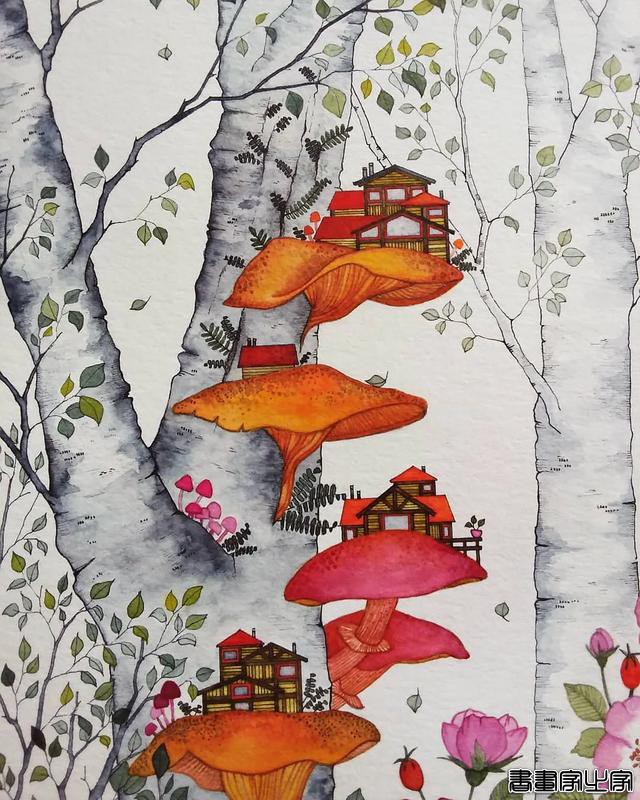 小幅的水彩插画，画中的花卉、树木、房子都是如此的细致-16.jpg