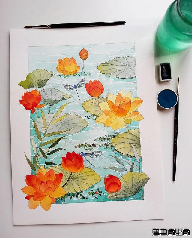 小幅的水彩插画，画中的花卉、树木、房子都是如此的细致-17.jpg