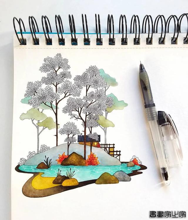小幅的水彩插画，画中的花卉、树木、房子都是如此的细致-18.jpg