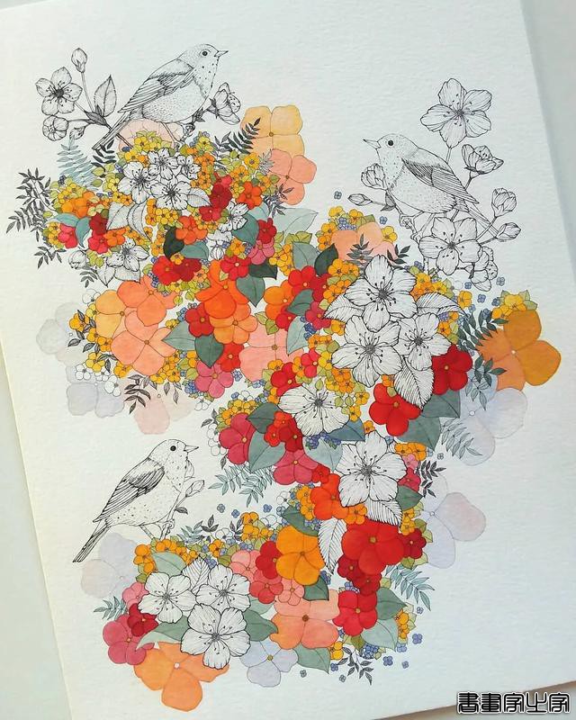小幅的水彩插画，画中的花卉、树木、房子都是如此的细致-19.jpg