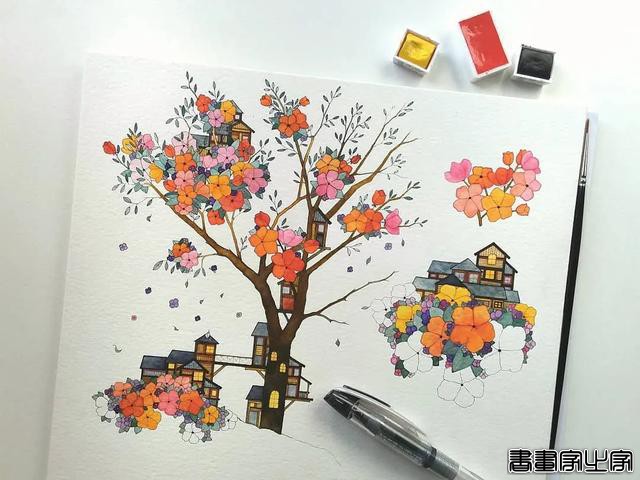 小幅的水彩插画，画中的花卉、树木、房子都是如此的细致-22.jpg