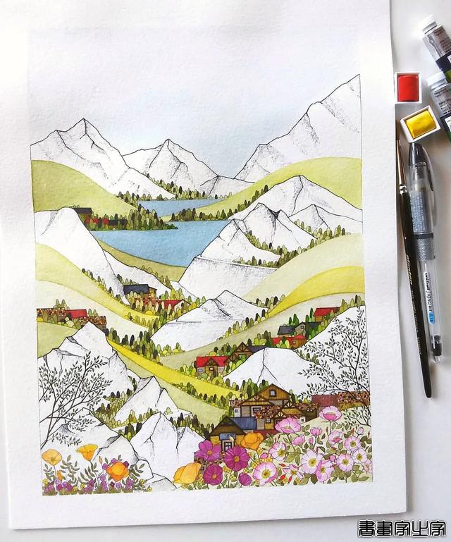 小幅的水彩插画，画中的花卉、树木、房子都是如此的细致-24.jpg