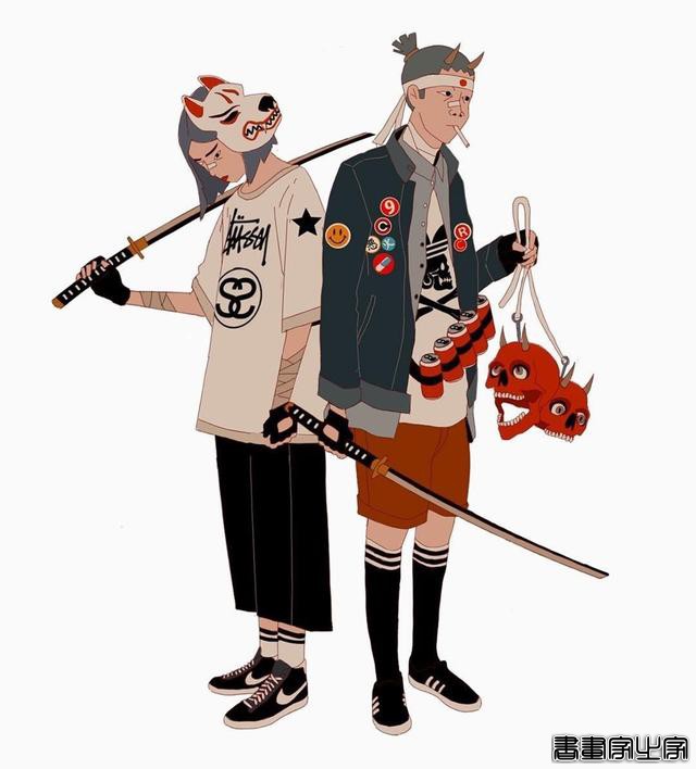 嘻哈复古未来主义和城市街头时装混搭，日本风街头文化时尚CG插画-28.jpg